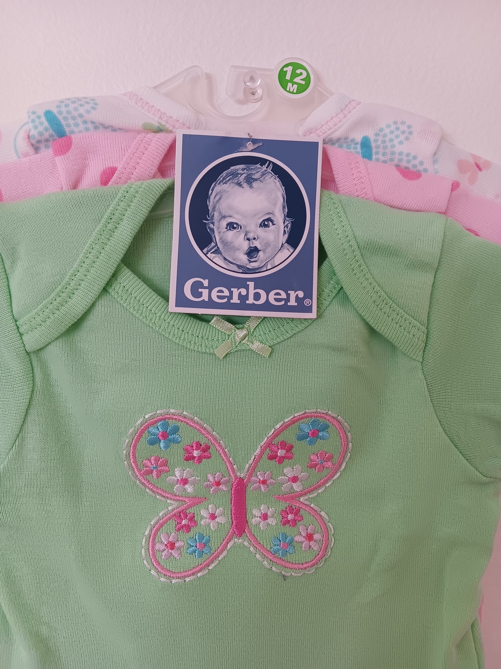 Gerber Green Bodysuit with Butterfly, Pink Polka Dots, Colorful Butterflies